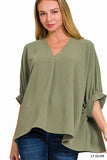 Woven Airflow V-Neck Puff Half Sleeve Top