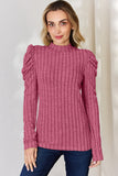 Ribbed Mock Neck Puff Sleeve Top - Multiple Colors Available