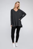 Dolman Long Sleeve V-Neck Side Slit High-Low Hem Top - Multiple color options