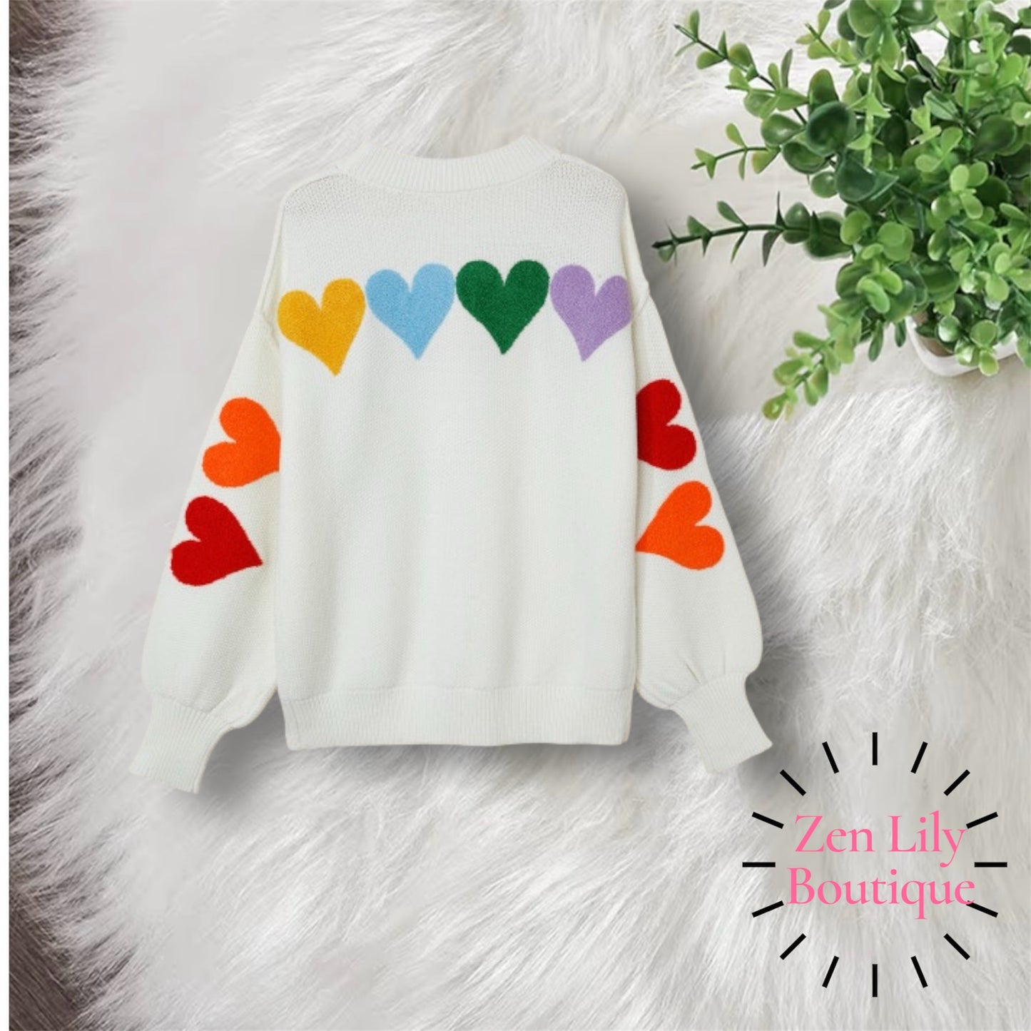 Chenille Feel Drop Shoulder Heart Sweater