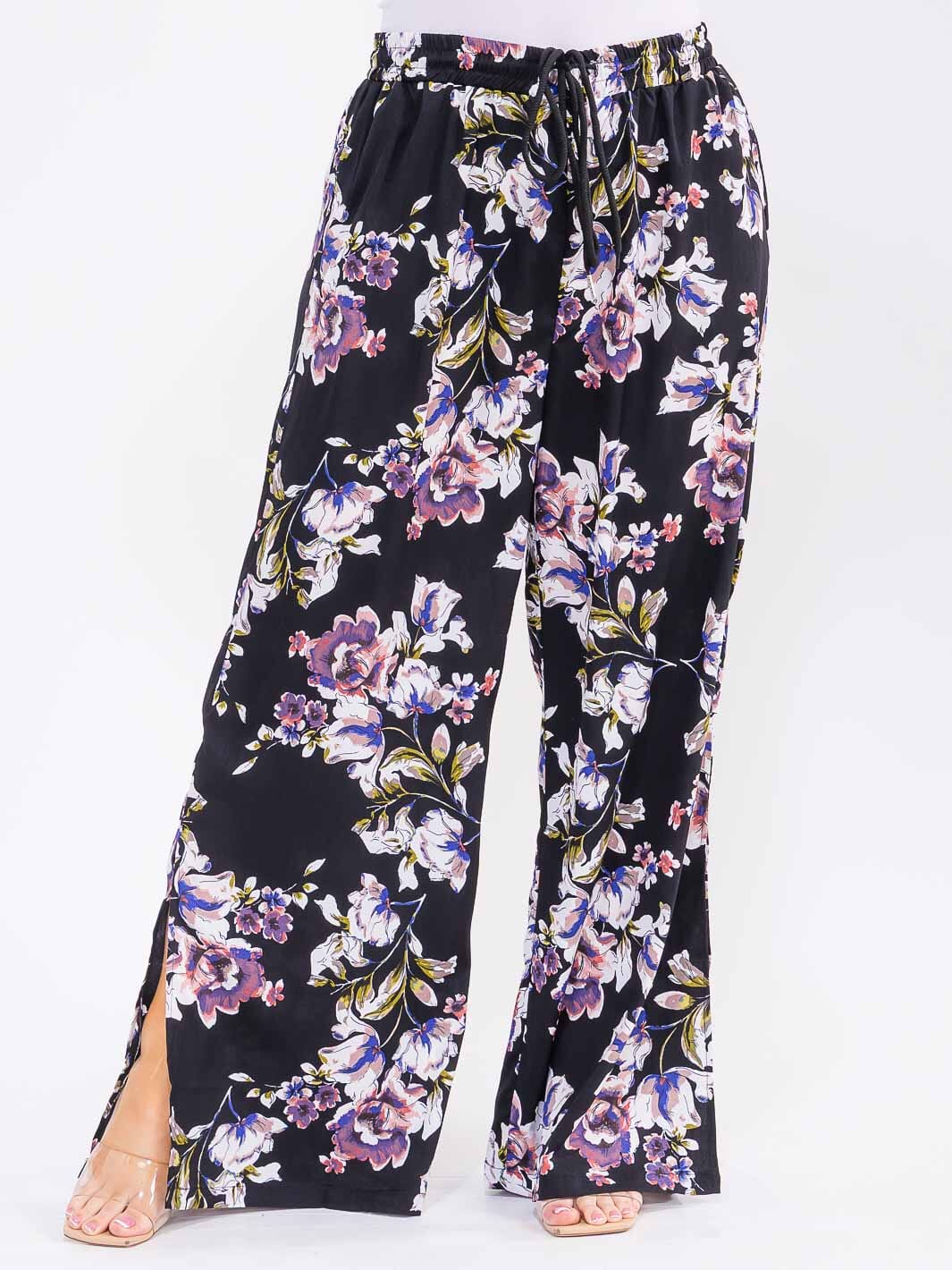 Elastic Waist Self Tie Floral Wide Leg Slit Pants