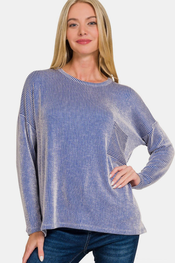 Ribbed Striped Long Sleeve Top in Bright Blue