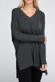 Dolman Long Sleeve V-Neck Side Slit High-Low Hem Top - Multiple color options