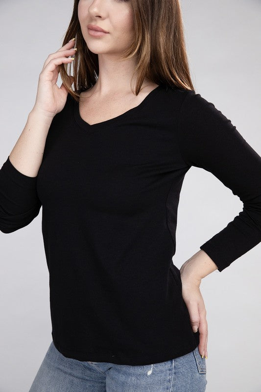 Cotton V-Neck Long Sleeve Top - Multiple Colors Available