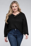 Plus Brushed Waffle V-Neck Button Detail Sweater - Multiple color options