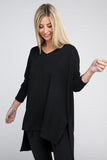 Dolman Long Sleeve V-Neck Side Slit High-Low Hem Top - Multiple color options