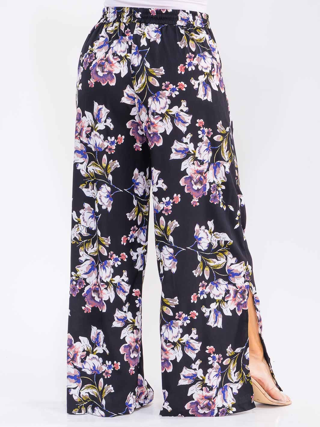 Elastic Waist Self Tie Floral Wide Leg Slit Pants