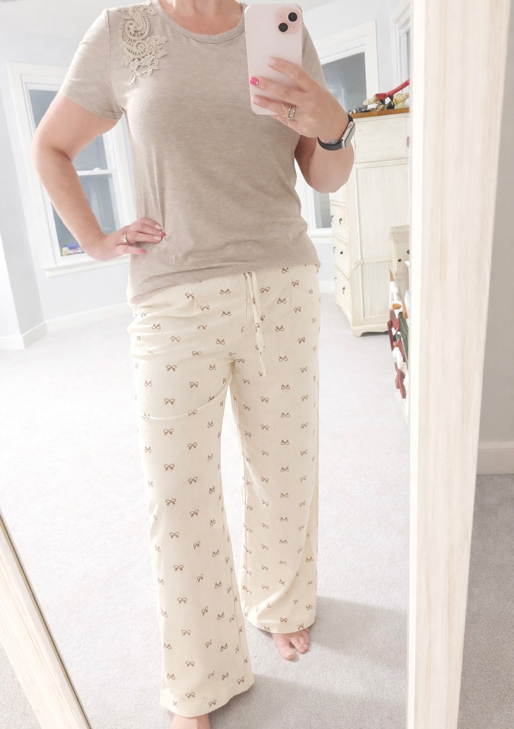 Bow Print Luxe Corduroy Elastic Waist Pants