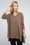 Dolman Long Sleeve V-Neck Side Slit High-Low Hem Top - Multiple color options