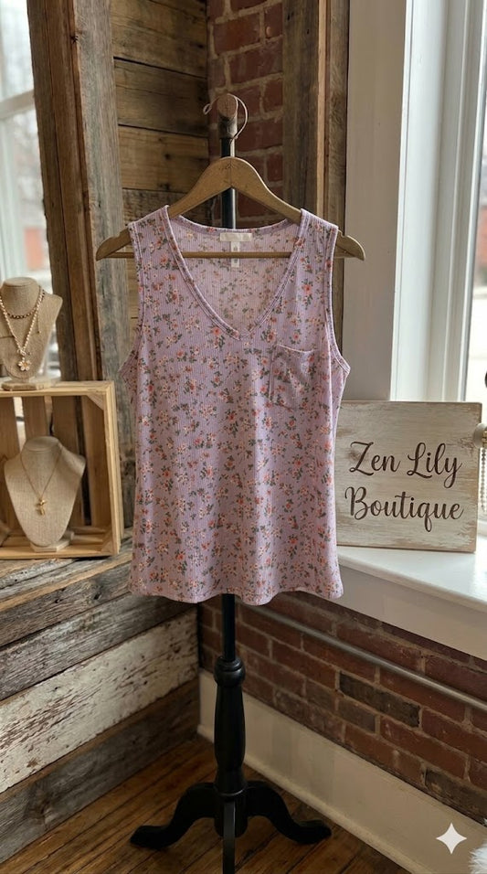 Lilac Ribbed Floral Tank