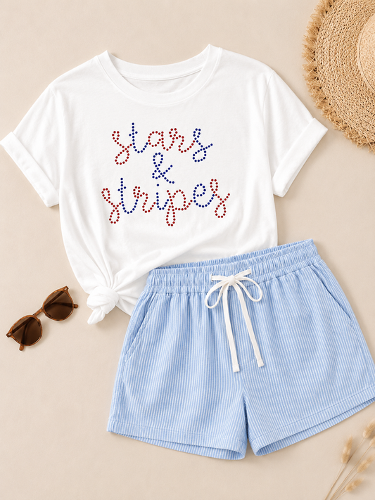 Sky Blue Striped Drawstring Elastic Waist Denim Shorts