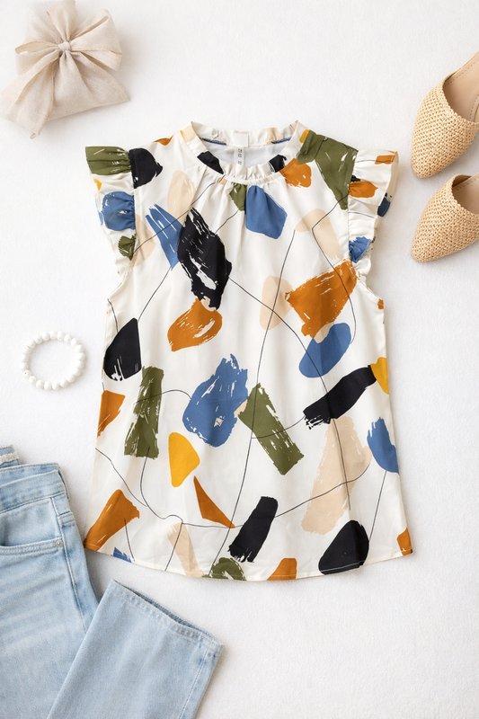 Printed Frill Sleeve Top