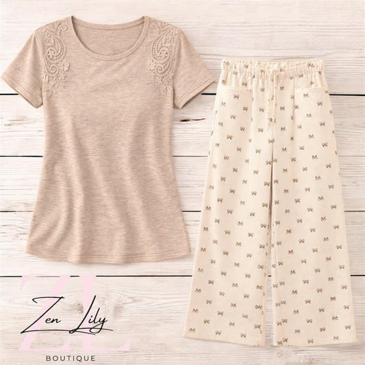 Bow Print Luxe Corduroy Elastic Waist Pants