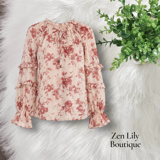 Shimmer Ruffle Top in Burgundy