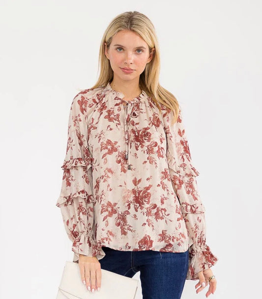 Shimmer Ruffle Top in Burgundy