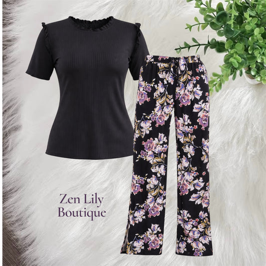 Elastic Waist Self Tie Floral Wide Leg Slit Pants