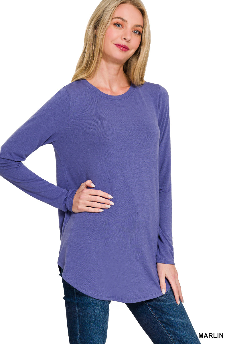 Long Sleeve Round Neck Round Hem Top - Multiple Color Options