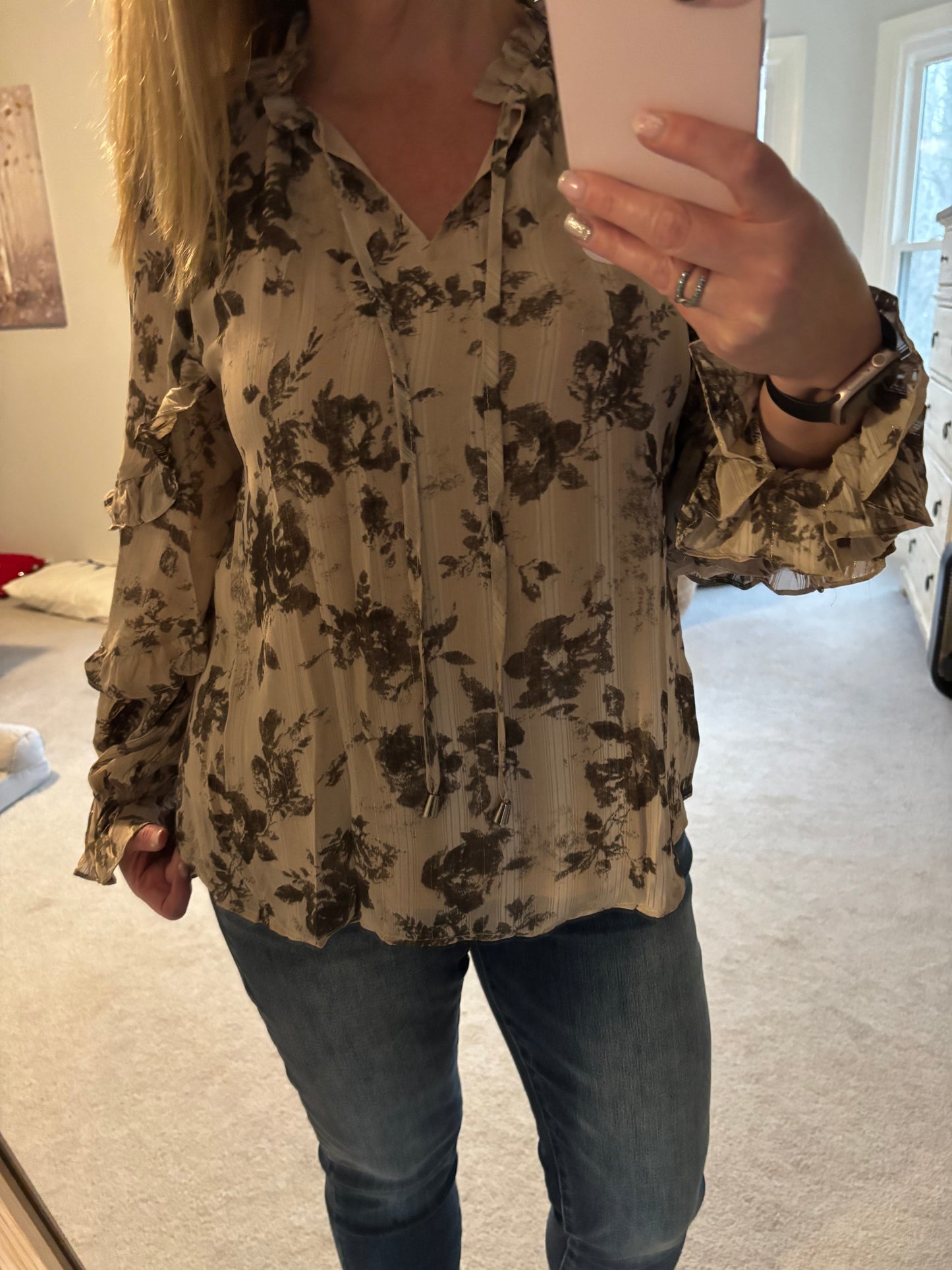 Shimmer Ruffle Top in Olive
