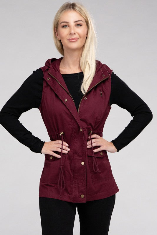 Drawstring Waist Military Hoodie Vest - 3 Color Options