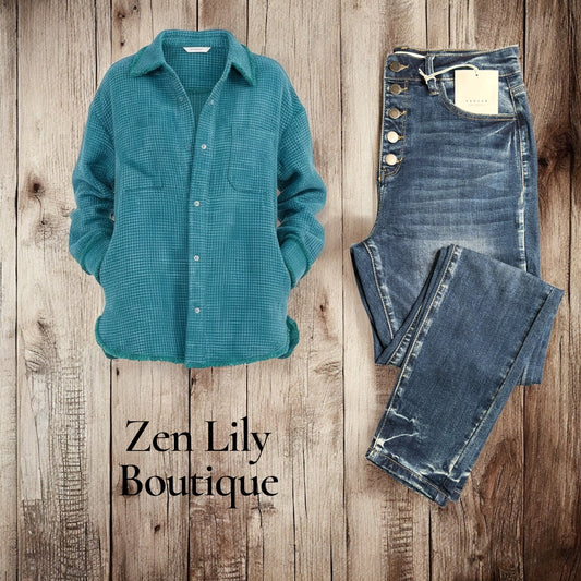 Button Frayed Hem Shacket - 2 Color Options