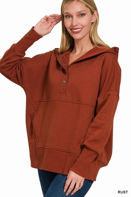 Half Button Fleece Hooded Pullover