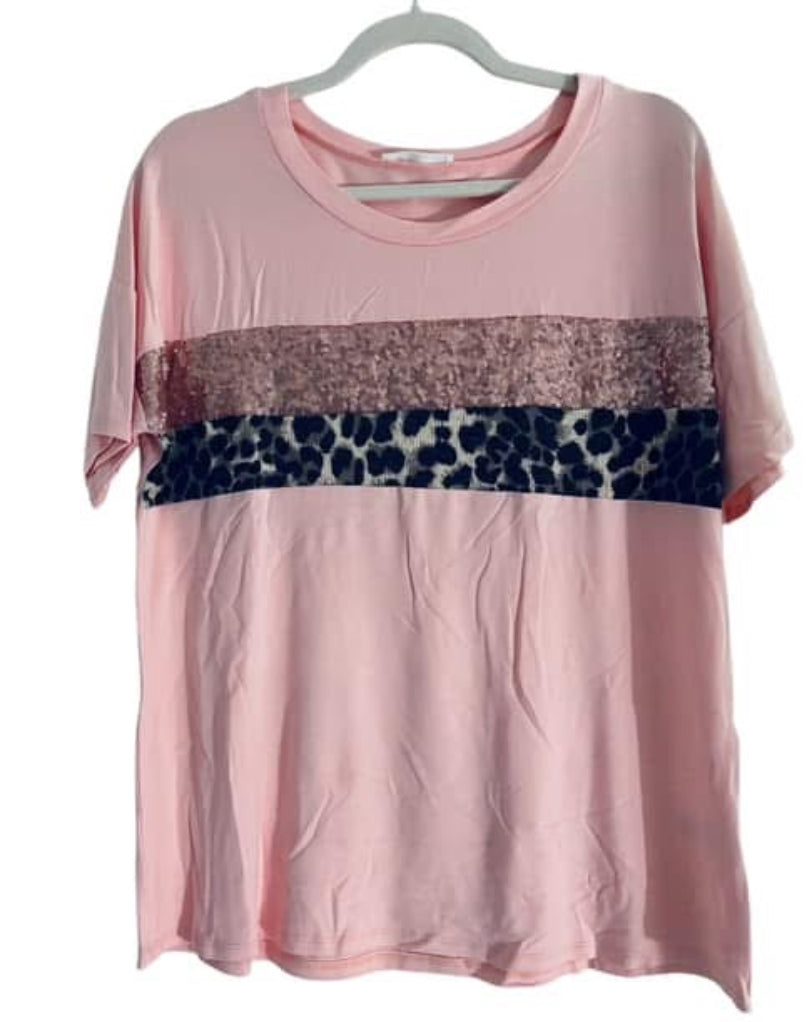 Leopard and Sequin Color Block Top