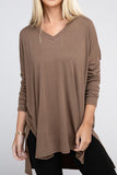 Dolman Long Sleeve V-Neck Side Slit High-Low Hem Top - Multiple color options