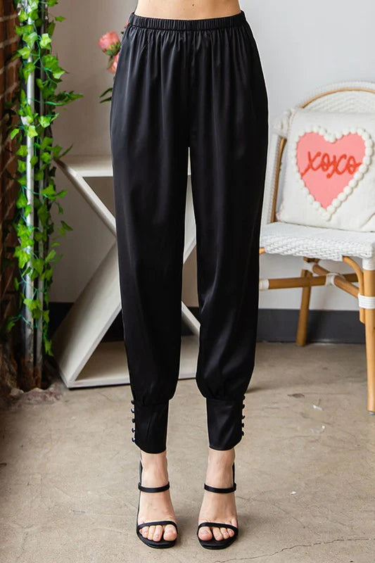Silk Woven Button Pants With Pockets