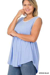 Zenana Sleeveless Trimmed Sleeveless Babydoll Top - 4 Color Options