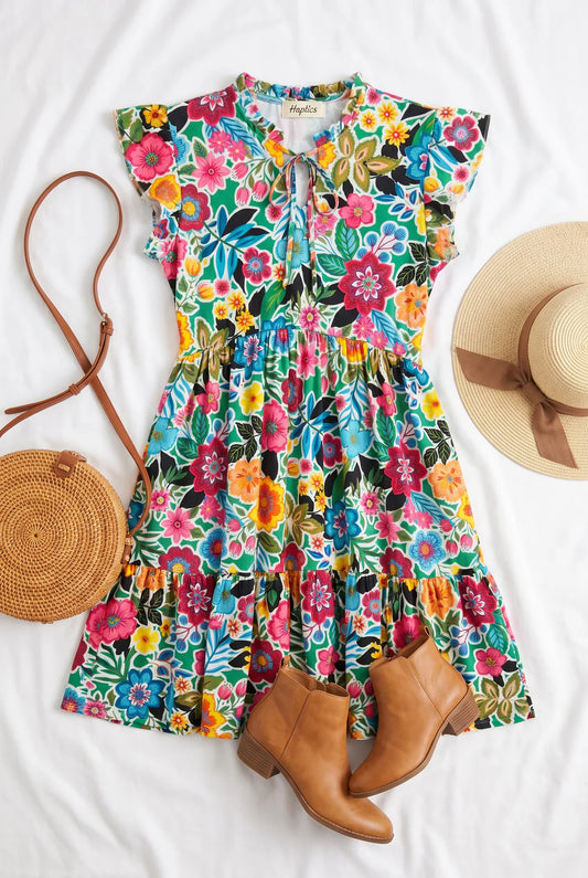 Floral Tie Neck Dress With Pockets