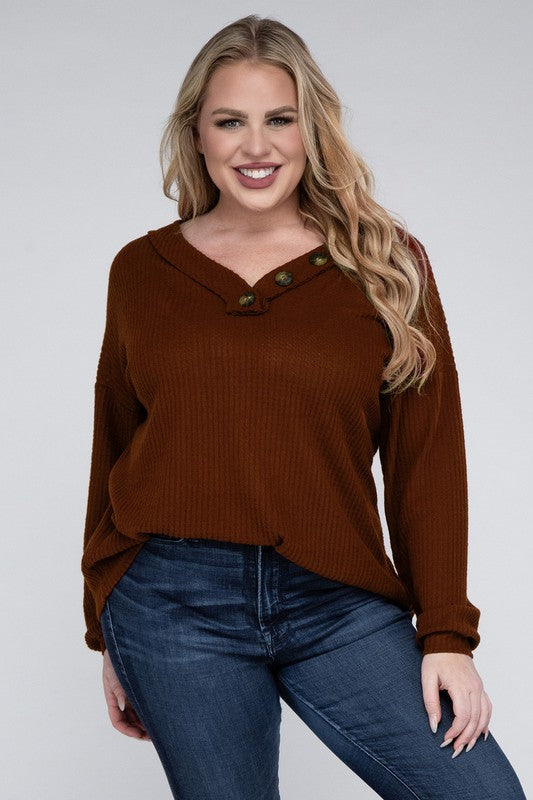 Plus Brushed Waffle V-Neck Button Detail Sweater - Multiple color options