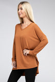 Dolman Long Sleeve V-Neck Side Slit High-Low Hem Top - Multiple color options