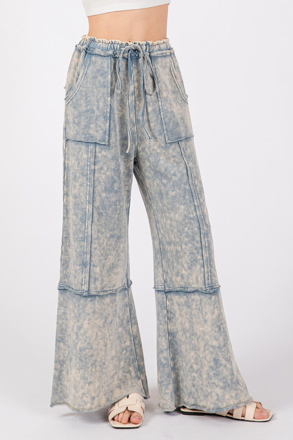 Mineral Washed Terry Wide Leg Pants in Slate Blue