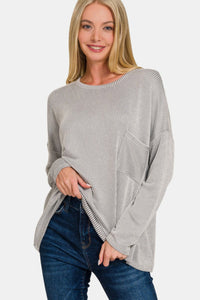 Ribbed Striped Long Sleeve Top in Lt. Grey