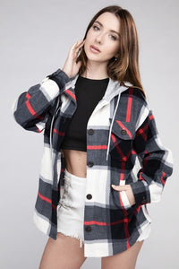 Plaid Drawstring Hooded Fleece Shacket - Multiple colors