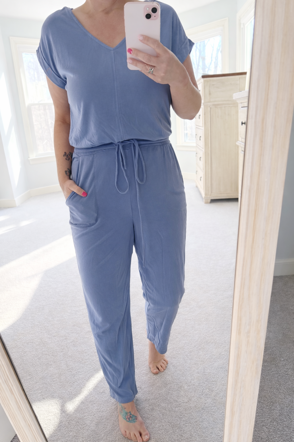 V-Neck Jumpsuit With Adjustable Waist in Indigo