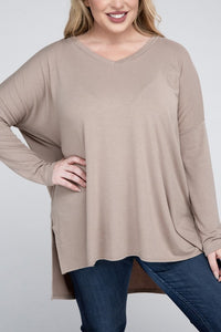 Plus Dolman Sleeve V-Neck Side Slit Hi-Low Hem Top - Multiple color options