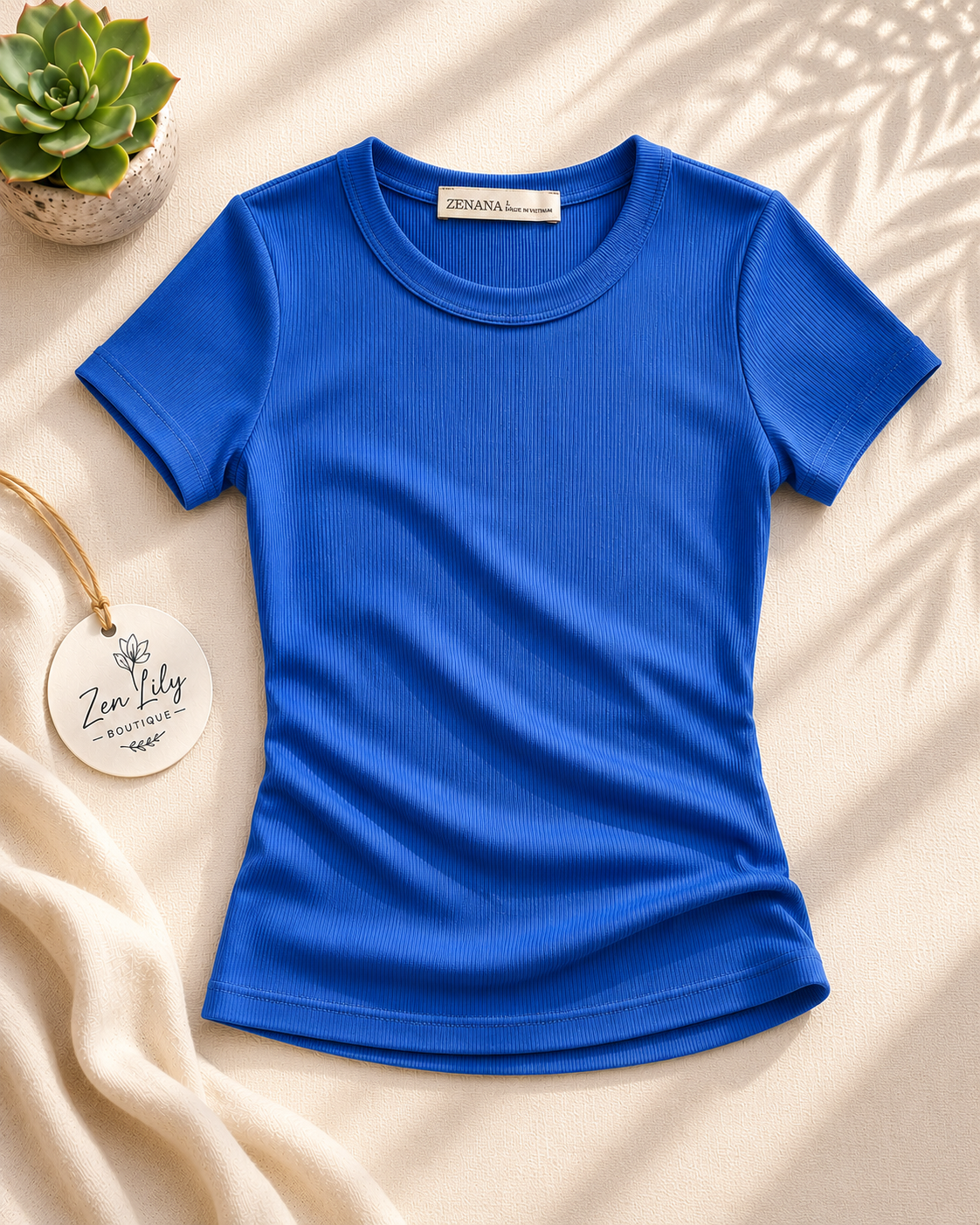 Ribbed Scoop Neck Tee in Blue