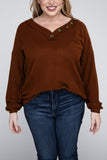 Plus Brushed Waffle V-Neck Button Detail Sweater - Multiple color options