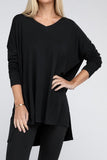 Dolman Long Sleeve V-Neck Side Slit High-Low Hem Top - Multiple color options