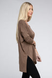 Dolman Long Sleeve V-Neck Side Slit High-Low Hem Top - Multiple color options