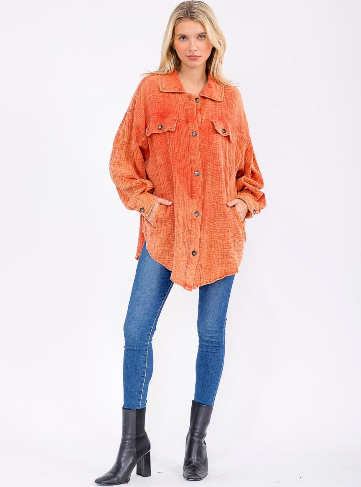 Button Up Washed Top With Pockets in Rust