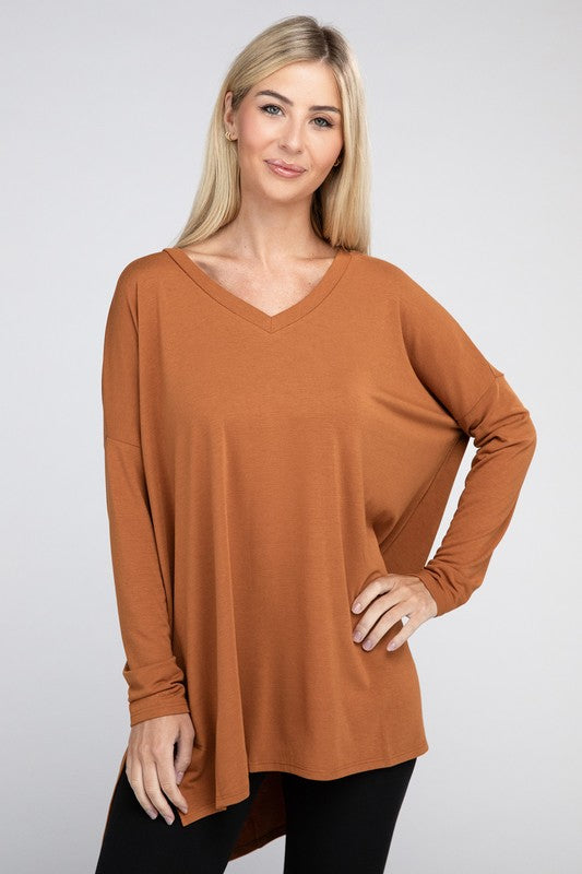 Dolman Long Sleeve V-Neck Side Slit High-Low Hem Top - Multiple color options