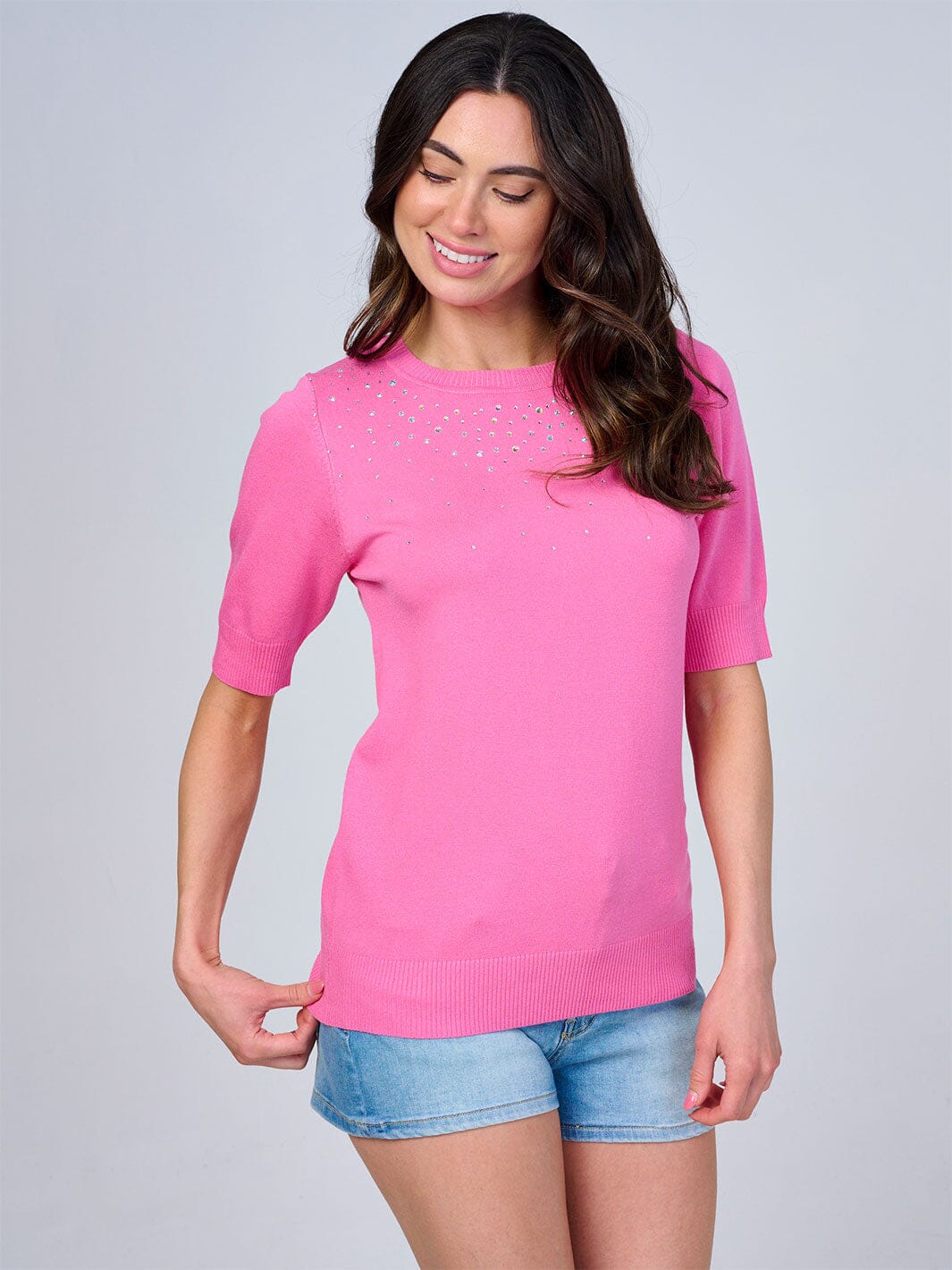 Studded Knit Detail Top in Pink