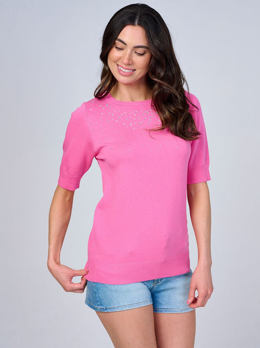 Studded Knit Detail Top in Pink