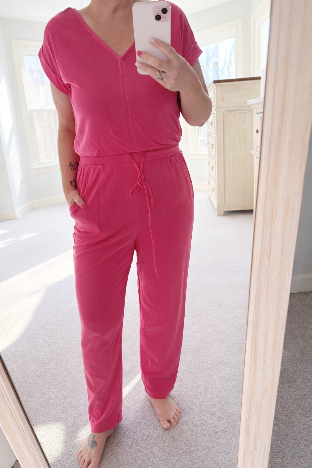 V-Neck Jumpsuit With Adjustable Waist in Hot Pink