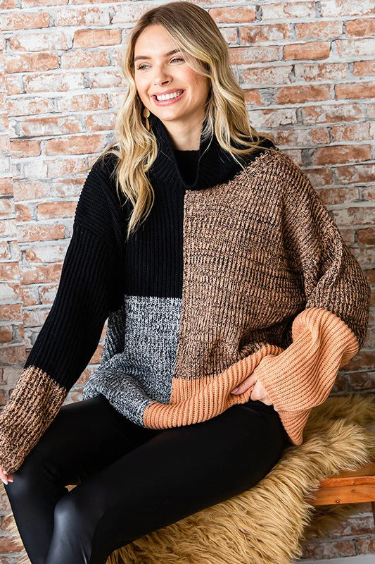 Cowl Neck Color Block Sweater
