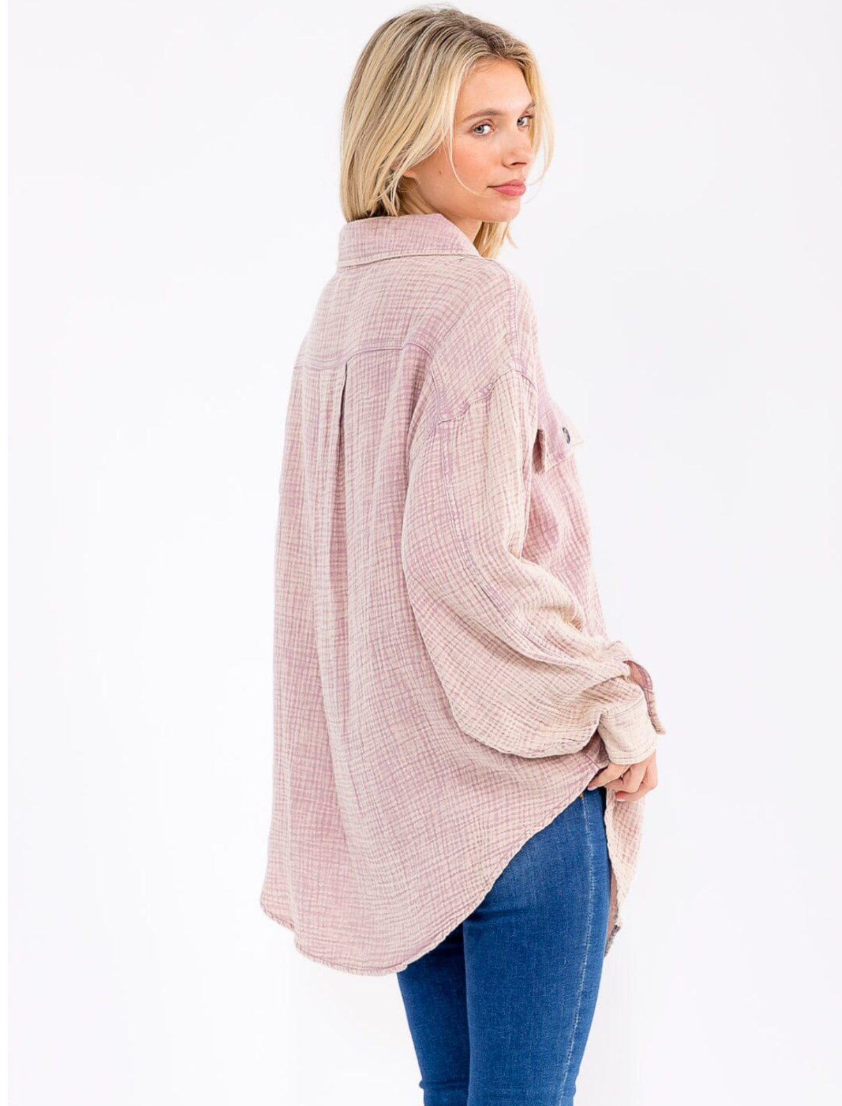 Button Up Washed Top With Pockets in Mauve