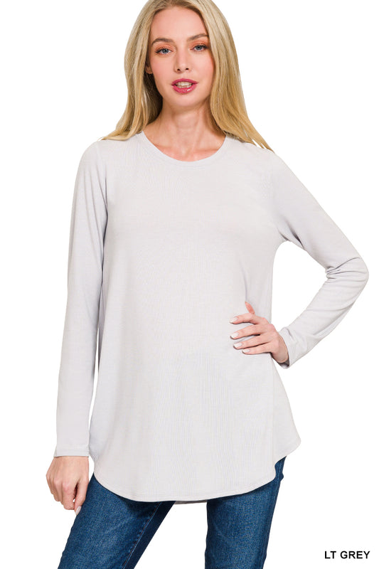 Long Sleeve Round Neck Round Hem Top - Multiple Color Options