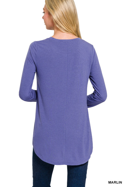 Long Sleeve Round Neck Round Hem Top - Multiple Color Options